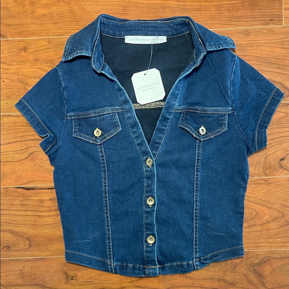 Altar'd State Dark Blue Denim Button-Front Crop Shirt